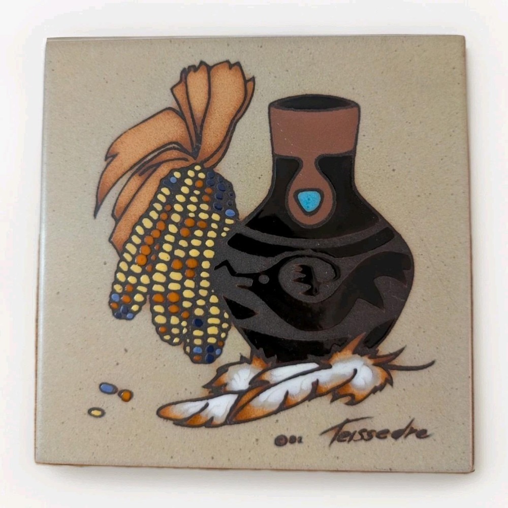 Vtg Cleo Teissedre Ceramic Tile Trivet Southwestern Native American 6x6 Signed